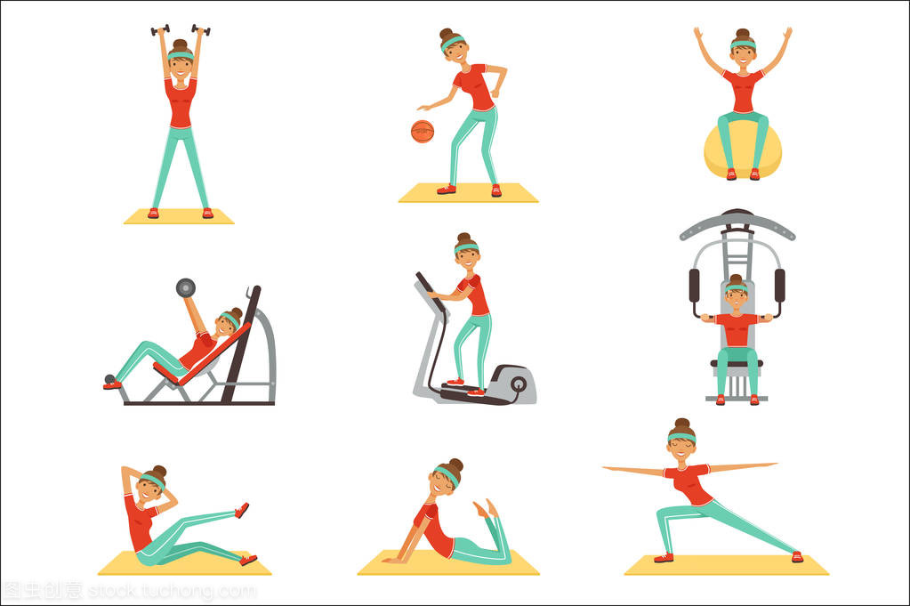 在與運動器材健身房鍛煉健身女人設(shè)置的炫彩矢量插圖